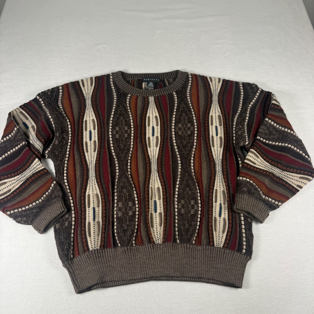 Baracuta 3D Knit Sweater Mens XL Brown Merino Wool Vintage Coogi Style 90s Retro